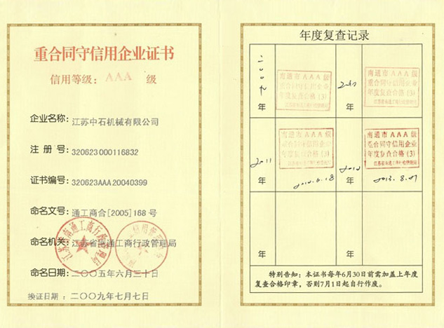 Nantong City AAA Certificate of Contract and Keeping Promise